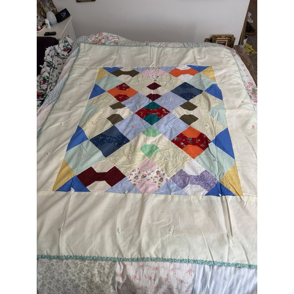 Vintage Bow Tie Quilt Colorful Fabrics 66"x 52" Prayer Ties
